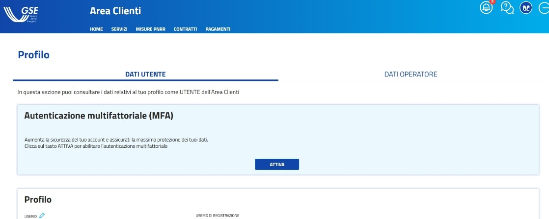 Attivare la modalità MFA portale Gse